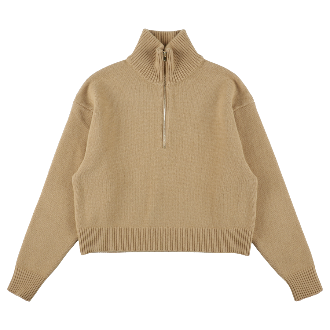 wool cashmere 'knit' half zip camel beige