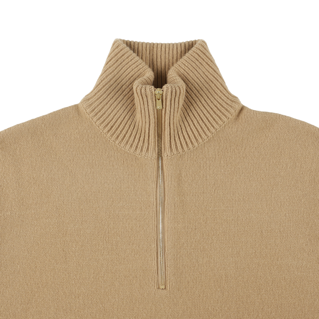 wool cashmere 'knit' half zip camel beige