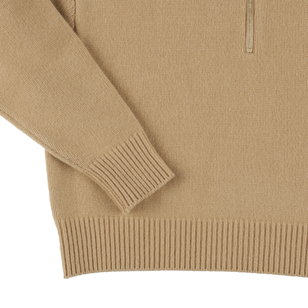 wool cashmere 'knit' half zip camel beige